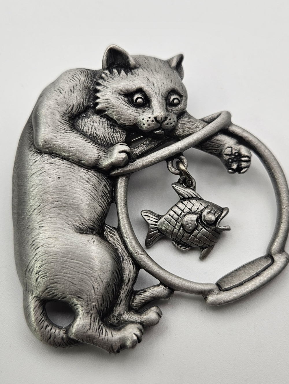 Vintage JJ Jonette Jewelry Pewter Cat Fishbowl Brooch Pin Dangle Fish Whimsical